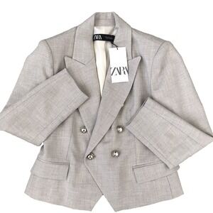 Zara Double Breasted Textured Blazer Jacket Womens Medium Beige Career Academia